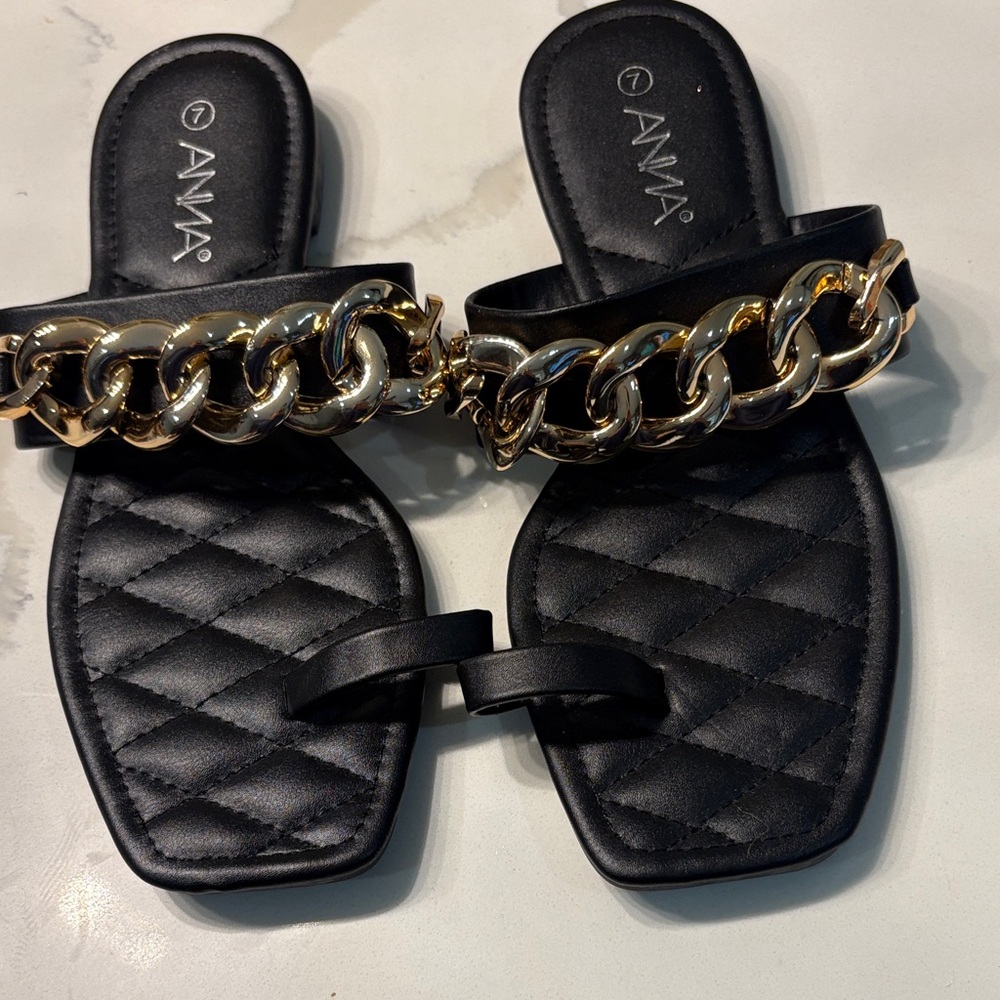 Anna Black Sandals with Gold Chain Accent
